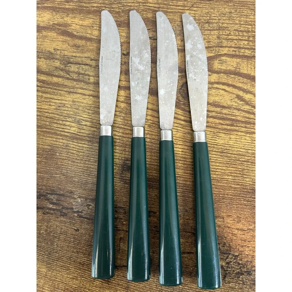 Vtg Flatware Set Green Handles Stainless Knives Forks Spoons Retro Taiwan 11pc